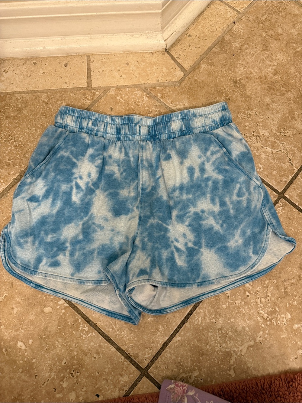 Tie-Dye Blue Girls Lounge Shorts from Tea Collection. Missing drawstring